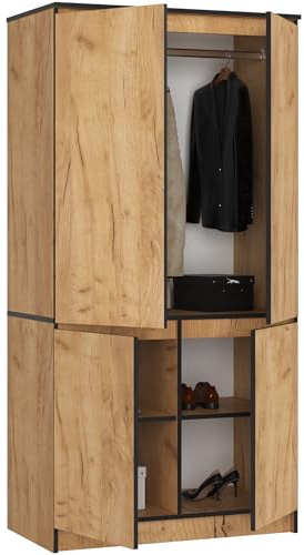 BDW 4-dörrars garderob - Stor kapacitet - Elegant, mångsidig design - Universellt användbar - För sovrum, vardagsrum, kontor - 90 cm - med 4 hyllplan - Ek