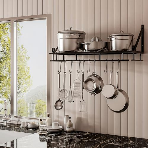 Warmiehomy Küchenregal Wand Pfannenhalter, Wandregal Küche mit 10 Haken, Topf Pfannen Organizer, Gewürzregal Hängend, Wandmontage Küchenutensilienhalter Küchenablage für Küche, Bad, Flur(60x24x25cm)