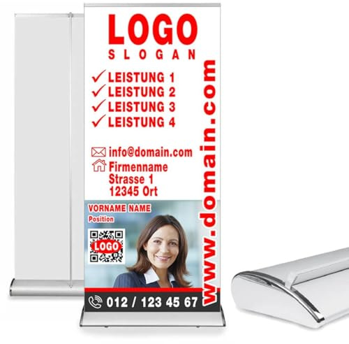 Wetterfest! Rollup Banner 85 cm x 200 cm Edles Design in Stilvollem Tropfenform, seitlich verchromt, Wetterbeständig inkl. Gestaltungsservice