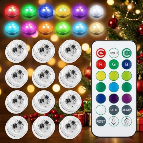 Submersible LED Lights, Waterproof LED Pool Lights with Remote, Battery Operated Colour Changing Flameless LED Battery Tea Lights for Vase, Bath, Wedding, Thanksgiving Day, Christmas Deco (12PCS)