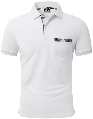 geeksport Poloshirt Herren Kurzarm Golf Polo mit Tasche Kontrastfarbe Sommer Atmungsaktive T-Shirt Business Elegant Polohemd für Männer(Weiß L)