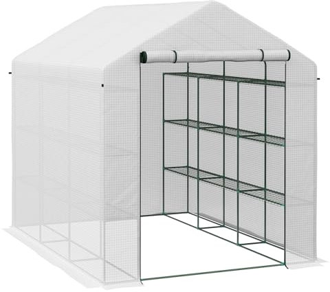 Outsunny Walk-in Greenhouse with 4 Tier 24 Shelves, Portable Grow House with Roll-up Zipped Door, 244 x 180 x 210 cm, White