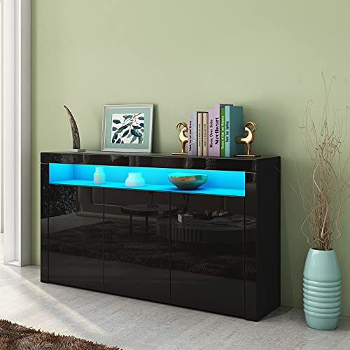 Ikewaier Sideboard Anrichte mit 3 Türen Hochglanz Front Anrichte Schrank Küche Lagerung Beistellschrank Fernsehtisch mit LED-Beleuchtung für Esszimmer Wohnzimmer Schwarz 152cm