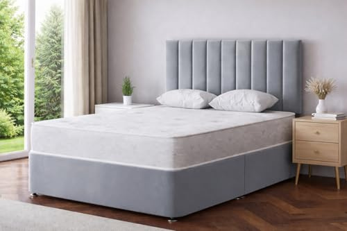 CALISMA Designer Divan Bed Base with Gio Headboard, 4 Storage Drawers, Chenille Fabric (silver chenille, 4ft6 double)
