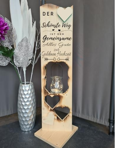 Holzaufsteller zur Goldenen Hochzeit 2 Herzen geflammt, Holz Deko Schild Holzschild Eingangsschild mit Windlicht aus Glas, Der schönste Weg ist der Gemeinsame