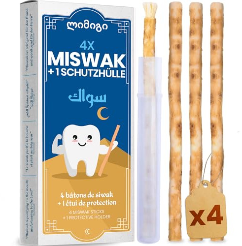 MODOGO® Miswak Natural x4 con Estuche Reutilizable - Cepillo de Dientes Ecológico para Blanqueamiento Dental - Raíz de Salvadora Persica para Higiene Bucal - Alternativa Cero Waste y Vegana