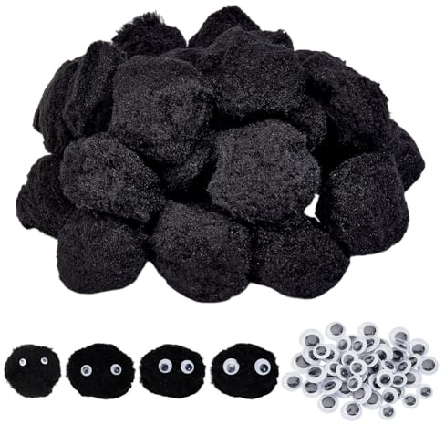 GOMAKERER 60 Stück Pompoms Bälle Zum Basteln, 45~50mm Schwarze Flausch Pompon Bälle Mit 60 Paar Wackelaugen Bastelbedarf Pompons Für DIY Bastelprojekte Heimdekorationen