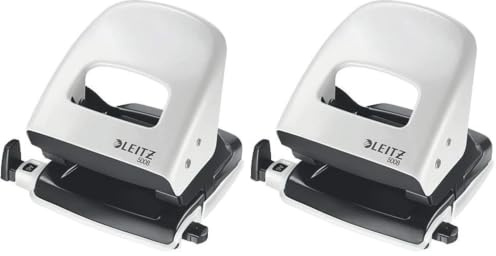 Leitz Büro Locher aus Metall, Für 30 Blatt, Anschlagschiene mit Formatangaben, Ergonomisches Design, grau, 50080085 (Packung mit 2)