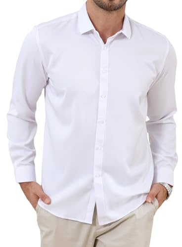 Mens Long Sleeve Dress Shirt Stretch Wrinkle Free Dress Formal Wedding Work Non Iron Shirt Casual Business Shirts White XL