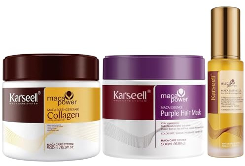 Karseell MACA CARE SYSTEM Kollagenmask + Lila Toningsmask + Arganoljeserum Hårolja För Blont Färgat Skadat Hår Reparativ Matiserande AntiGult AntiFriss Mjukgörande Glans Intensiv Näring Sulfatfri