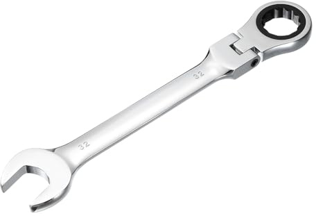 sourcing map Llave combinada de trinquete de cabeza flexible de 32 mm, caja de trinquete estándar métrica de 72 dientes y llave de acero CR-V de extremo abierto para sujetadores, tuercas, pernos