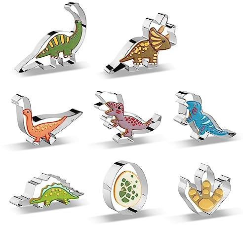 Lot de 8 emporte-pièces dinosaures avec tricératops, œuf, empreinte de pied, stégosaure, moules de cuisson en acier inoxydable pour enfants – Fournitures de fête d'anniversaire à thème et cadeaux