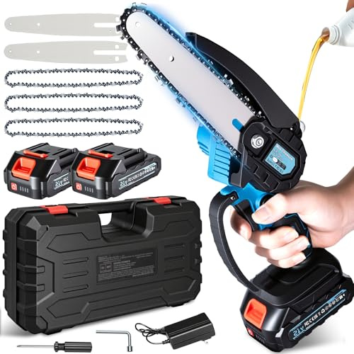 Olubfdh Mini motosierra eléctrica con batería de 4000 mAh, 6 pulgadas, con lubricador automático y batería de 2 x 2000 mAh, batería para tijeras de podar, tijeras de podar, corte de madera