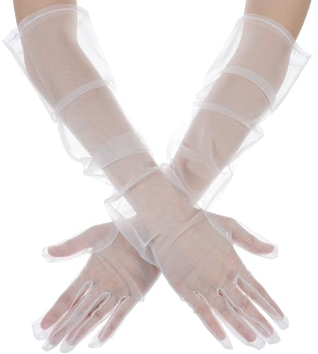 Quilax Women's Long Sheer Gloves, Tulle Mesh Gloves, White Lace Glove, 1920s Opera Tea Party Dance Wedding Glove for Bride