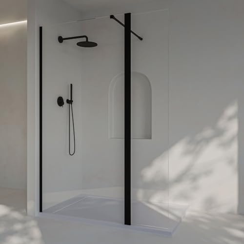 SoulHome Mampara ducha Fija + Abatible Negro 130 cm | Panel Fijo + Abatible, Vidrio transparente de seguridad 8 mm, tratamiento antical, Ancho 130cm (90cm fijo + 40cm abatible)