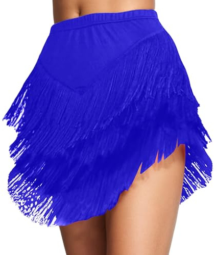 Gonna latina da donna con frange, gonna da ballo boho, asimmetrica, per il tempo libero, feste, per tango cha cha, allenamento, abbigliamento da danza, costume da carnevale, Blu-A., M