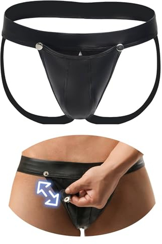 comeondear Jockstrap Hombre Cintura Baja Tanga Suspensorio Elástica Lenceria Hombre Tangas Graciosos String Thong Cómodos Talla Grande Ropa Interior con Botón a Presión Negro,L