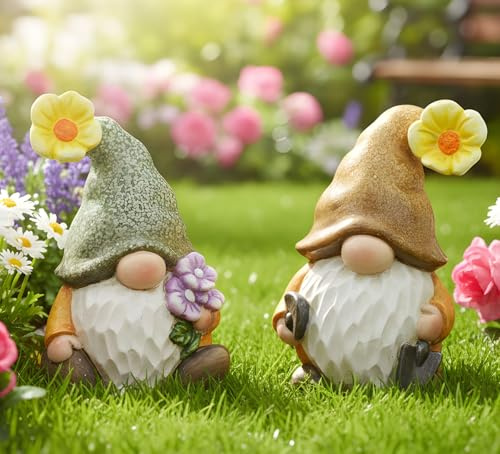 Dekoleidenschaft 2X Wichtel Blümchen aus Polyresin, Gartendeko wetterfest, Gartenzwerg, Gnom, Outdoor Garten Dekofigur