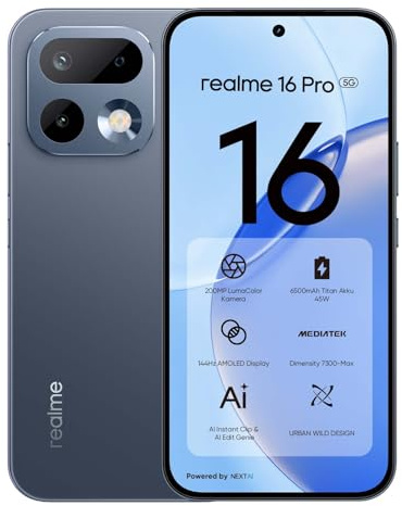 realme 16 Pro 5G Smartphone 8GB + 256GB, 200MP LumaColor Cámara + 50MP, Teléfono Móvil con Procesador Dimensity 7300 MAX, Batería 6500mAh y Carga de 45W, Móviles de 6.78 144Hz AMOLED Pantalla, Gris