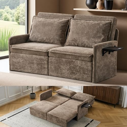 EBELLO Sofa mit Schlaffunktion 201x175cm Schlafsofa mit Kissen und USB, 3-in-1 Sofas&Couch mit 5-stufig Verstellbarer Rückenlehne, Sofa Bett Klappbar Schlafcouch mit Stauraum, Chenille, Braun
