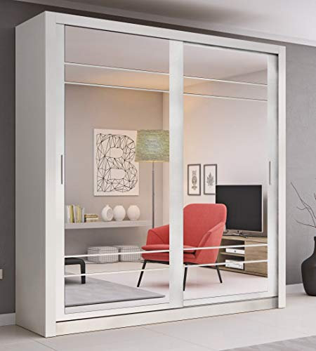 Arthauss Modern Bedroom Mirror Sliding Door Wardrobe Arti 8 in White Matt 203cm - Flat Pack Wardrobe with Spacious Hanging Rail and Ample Storage, Elegant Mirrored Furniture for Modern Homes