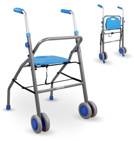 Mobiclinic®, Déambulateur pliable, Future, Ultraléger, Réglable en hauteur, Marque européenne, Aluminium, Jusqu'à 136 kg, Adultes, Siège, Dossier et roues, Couleur bleu clair