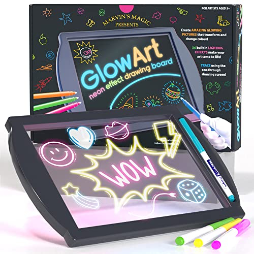 Mavin's Magic - Glow Art - LED Drawing Board for Children - Black Light Up Drawing Pad, with Glow in The Dark Colouring Pens - Battery Powered Drawing Tablet - Light Up Tracing Pad Suitable for 5+