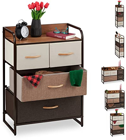 Relaxdays Schubladenschrank, 4-7 Schubfächer, mit Ablage, Faltkörben, Stoffschrank, Stahlgestell, vers. Designs, braun | Schlafzimmer Nachtschrank, Minikommode HBT 79 x 58 x 31,5 cm