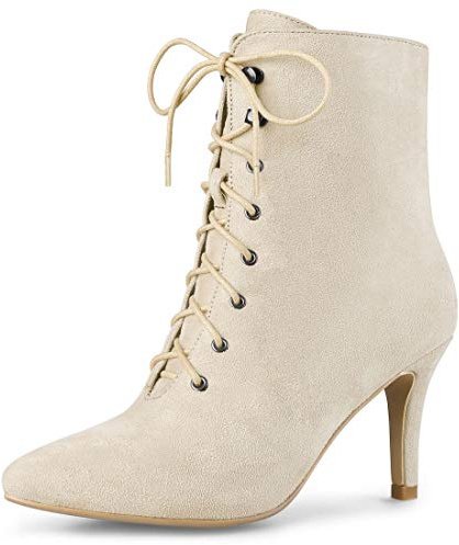 Allegra K Women's Pointy Toe Zip Lace Up Stiletto Heel Ankle Boots Beige 5 UK/Label Size 7 US