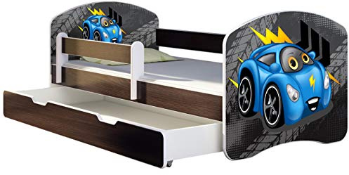 ACMA Kinderbett 140x70 Jugendbett mit Einer Schublade und Matratze, Farbe Wenge, Rausfallschutz Lattenrost II Spielbett Kinderzimmer Möbel, 04 Blaue Auto