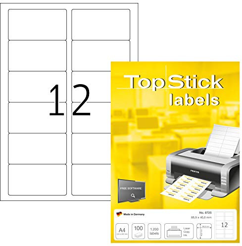 TopStick 8725 Adressetiketten, 1000 Blatt, 88,9 x 46,6 mm, 12 pro A4 Bogen, 12000 Stück, selbstklebend, bedruckbar, matt, blanko Papier Adressaufkleber Etiketten, weiß