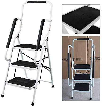 Escabeau large à 3 marches avec main courante de sécurité, en acier robuste pliable et portable avec tapis de sécurité antidérapant, échelles en acier robuste pour la maison/le bureau/la cuisine