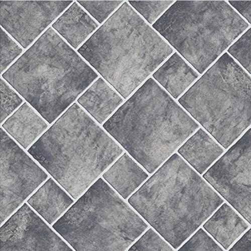 Plank & Tile Effect Flash Vinyl Flooring 2.3mm Realistic Foam Backed Lino Slip Resistant (Grey Stone Squares, 2m x 3m)