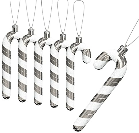 Zuckerstangen Weihnachten Deko, 6 Stück Weihnachtsbaum Glitzer Zuckerstange Anhänger, Christbaumschmuck Hängende Weihnachtsdeko für Weihnachtsdekoration (Silber & Weiß)