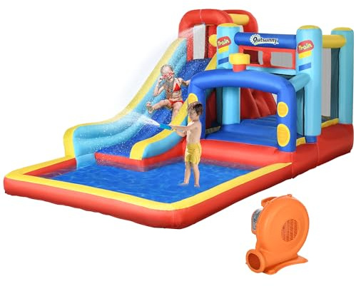 Outsunny Bouncy Castle with Water Slide, Trampoline Climbing Wall, 4 in 1 Kids Inflatable Bounce House with Blower Storage Bag, for Kids Indoor, Outdoor, 4.35 x 2.45 x 2m