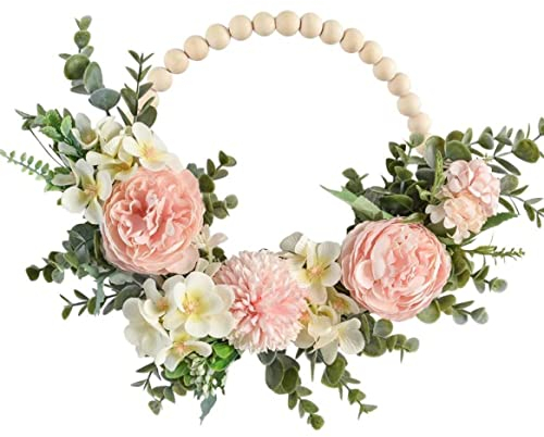 türkranz modern,Türkranz, dekorative Girlande, Holzperlen Blumenkranz Künstlicher Blume mit Eukalyptusblättern hängende Reifenkranz für Hochzeit
