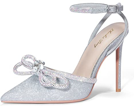 Zhabtuc Scarpe col Tacco Alto da Donna, Sandali con Lacci e Fiocco in Raso e Strass, Punta affilata, Cinturini con Fibbia alla Caviglia, Argento Glitterato, 41 EU