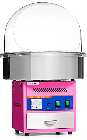 Forgast Macchina per Zucchero Filato Professionale, Coperchio in Acrilico, Colore Rosa, Ciotola in Acciaio Inox Rimovibile, Termostato Incorporato, Dosatore Incluso, Dimensioni 46x46x50/70cm