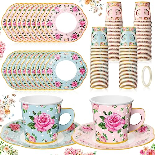 Umigy 60 Sets Mother's Day Tea Party Decorations 6.5 oz Floral Paper Teacups & Saucer Set for Girls Women Tea Parties Mothers Day Bridal Shower Wedding Birthday Party Decorations(Pink Blue)