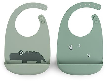 Done by Deer Croco Green - Bavaglino in silicone, impermeabile, regolabile, facile da pulire, in silicone alimentare, confezione da 2, colore: Verde