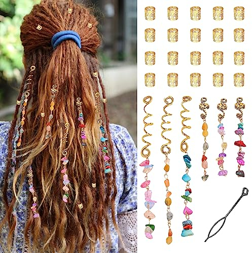 XCSJ Dreadlocks Perlen Metall Hair Dreadlocks Schmuck Gold Verstellbar Haare Metal Cuffs Haarspiralen Clips Perlen Fletcher Haarschmuck Haar Dreadlocks Zubehör für Frauen Männer Zöpfe-26 Pcs