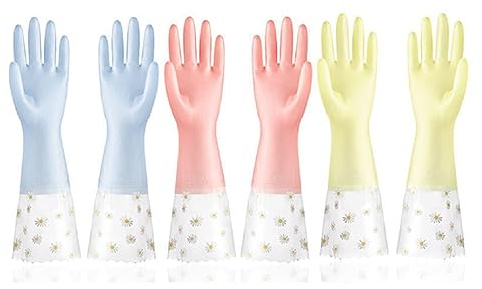 FURREN 3 Pairs Dishwashing Cleaning Gloves Reusable Rubber Gloves Non- Laundry Kitchen Gardening Household Gloves Easy to Use 42CM