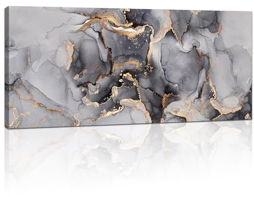 Mit Rahmen Großes Leinwandbilder Bilder Marmor Grau Gold bild auf leinwand Wandkunst Minimalistisch Modern Wandbilder XXL Kunstdruck Deko für Wohnzimmer Schlafzimmer fertig zum Aufhängen 120x50cm