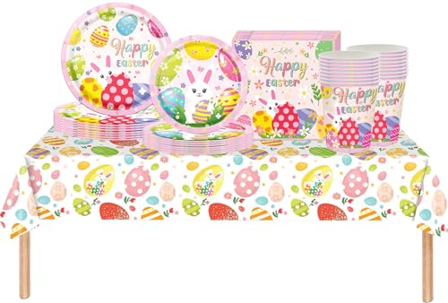 69 piezas Juego de Vajilla Desechable para Pascua,Conejo Rosa Platos Desechable Decoración Cumpleaños Fiesta Compostables,Platos Servilletas Biodegradable Copa de Papel y Mantel,para Pascua