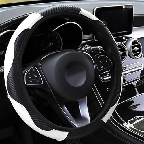 LMYDIDO Car Steering Wheel Cover Leather, Anti-slip Breathable Carbon Fiber Sports Elastic Band Without Inner Ring Steering Wheel Cover Universal Size 37-39cm /14.5-15 (White)