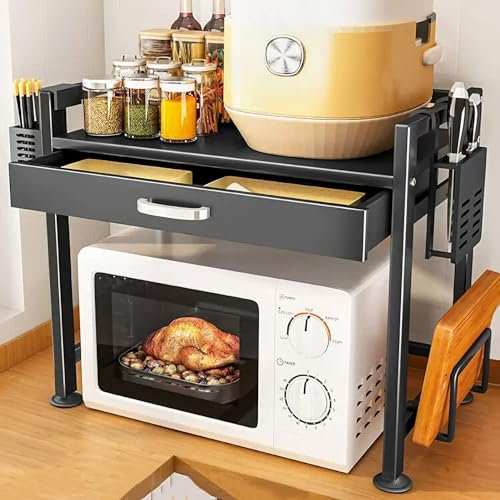 Support pour Four à Micro-ondes avec Tiroir, Étagère à Micro-ondes à 2 Niveaux Support Métallique pour Grille-pain avec 4 Crochets et Support pour Planches à Découper (Size : 60cm/24inch)