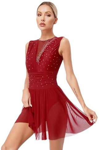 iEFiEL Damen Glitzer Eiskunstlauf Kleid Rückenfrei Tanzkleid Tanzanzug Ärmellose Trikotanzug Gymnastikanzug Tanzbody Burgundy S