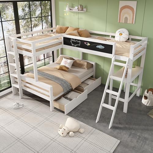 Dolamaní Etagenbett 3 Personen Kiefern Holz Bett 90x200 cm & 140x200 cm mit Schreibtisch und Schubladen, Rausfallschutz & Leiter, ohne Matratze, Weiß