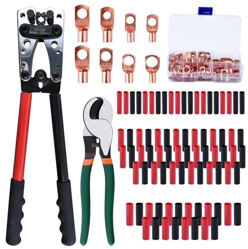 LEONTOOL Battery Cable Crimper Tool Kit for AWG 8-1/0 Electrical Lug, Heavy Duty Longer Handle Battery Cable Lug Crimping Tool with Cable Cutters 60pcs Copper Wire Lugs and 100pcs Heat Shrink Tubing
