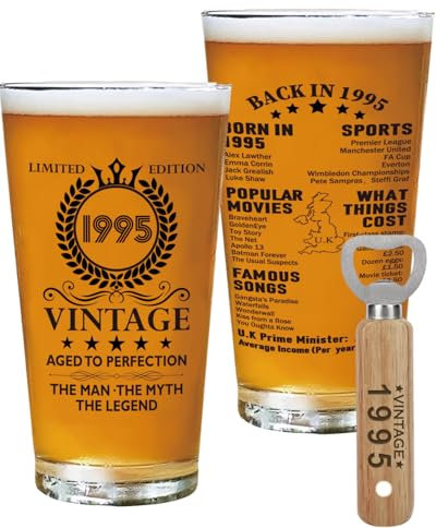 CoCoCherry 30th Birthday Gifts for Men - 1995 Vintage Beer Glass，Birthday Gifts for Men, Creative Beer Glass Gift for Him, Husband, Colleague, Friend, and Family